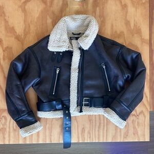 Zara brown faux leather bomber shearling moto jacket cropped